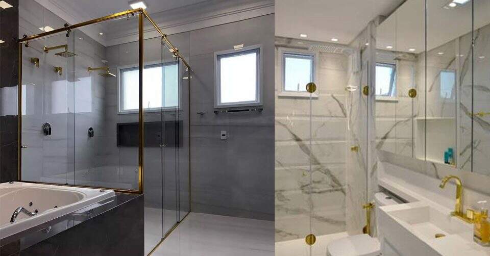 Muito ouro! Banheiro pequeno ganha decoração elegante com metais em dourado